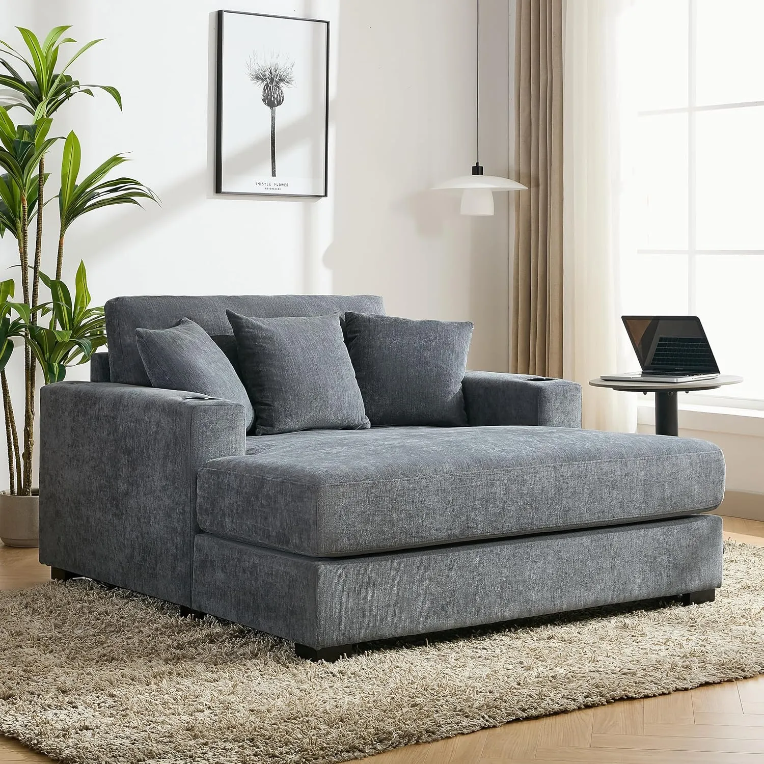 Merax Modern Upholstered Indoor Chaise Lounge with Pillows, Charge Station & Cup Holders, Single Sofa Couch with Armrest and Soild Wood Legs, Blue Gray