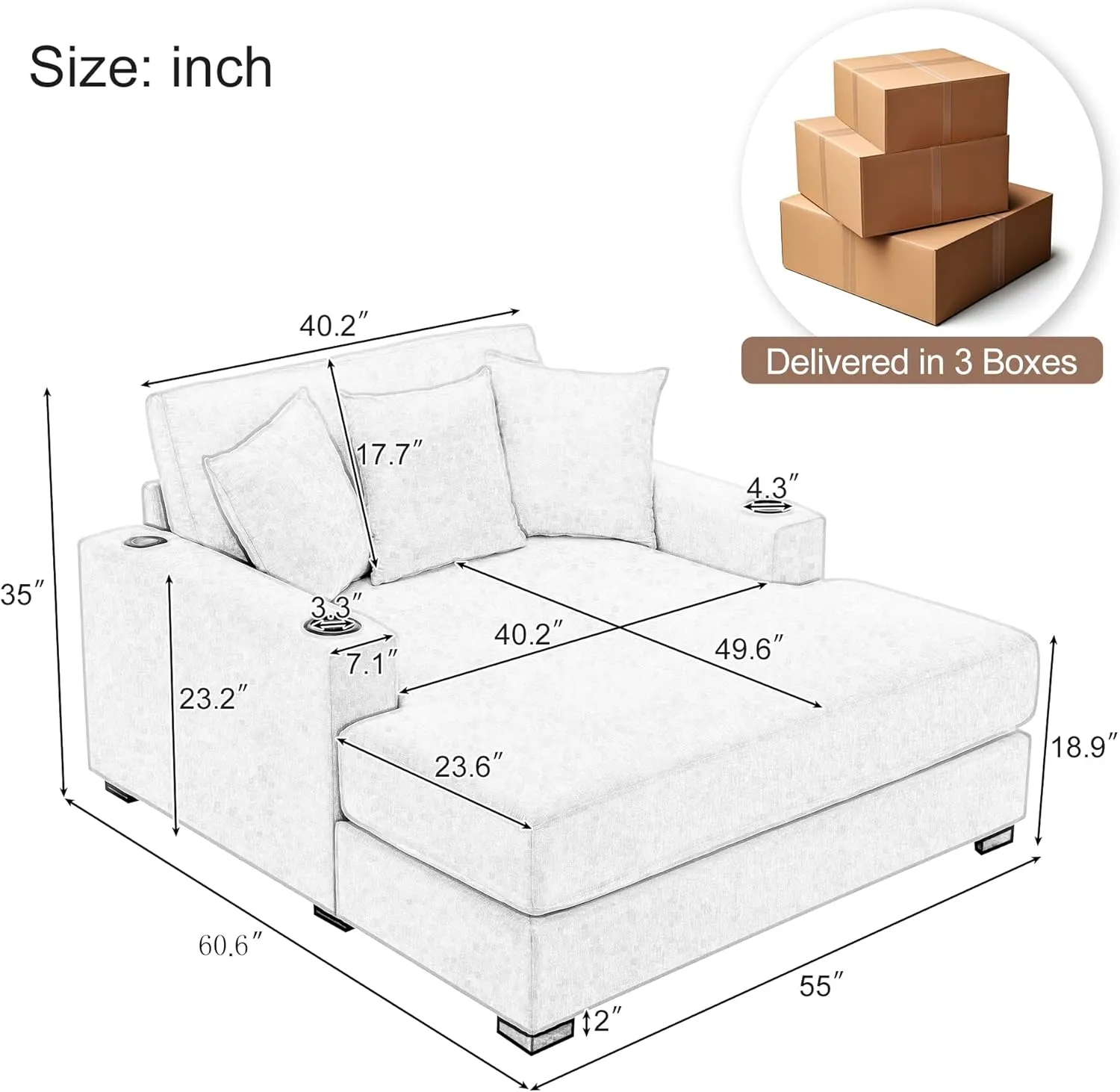 Merax Modern Upholstered Indoor Chaise Lounge with Pillows, Charge Station & Cup Holders, Single Sofa Couch with Armrest and Soild Wood Legs, Blue Gray