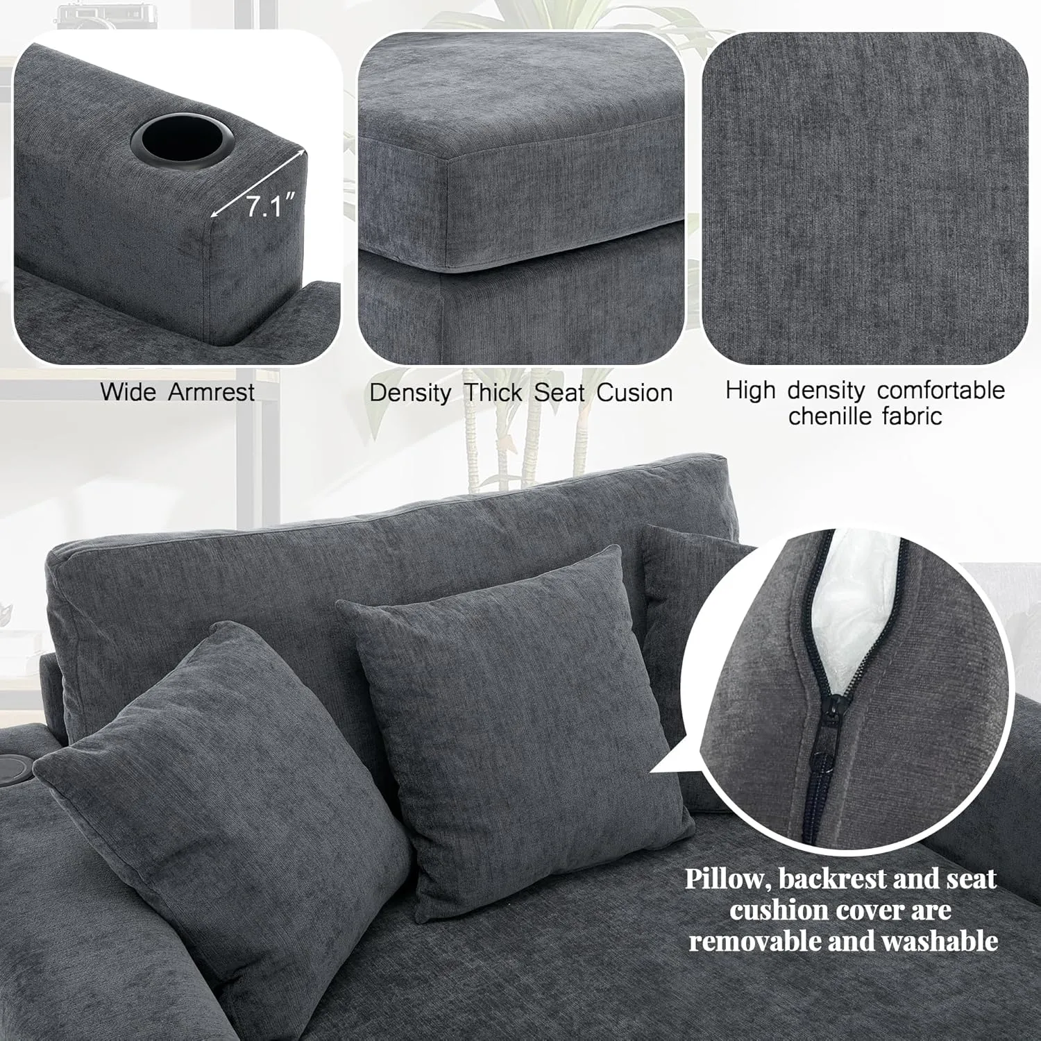 Merax Modern Upholstered Indoor Chaise Lounge with Pillows, Charge Station & Cup Holders, Single Sofa Couch with Armrest and Soild Wood Legs, Blue Gray