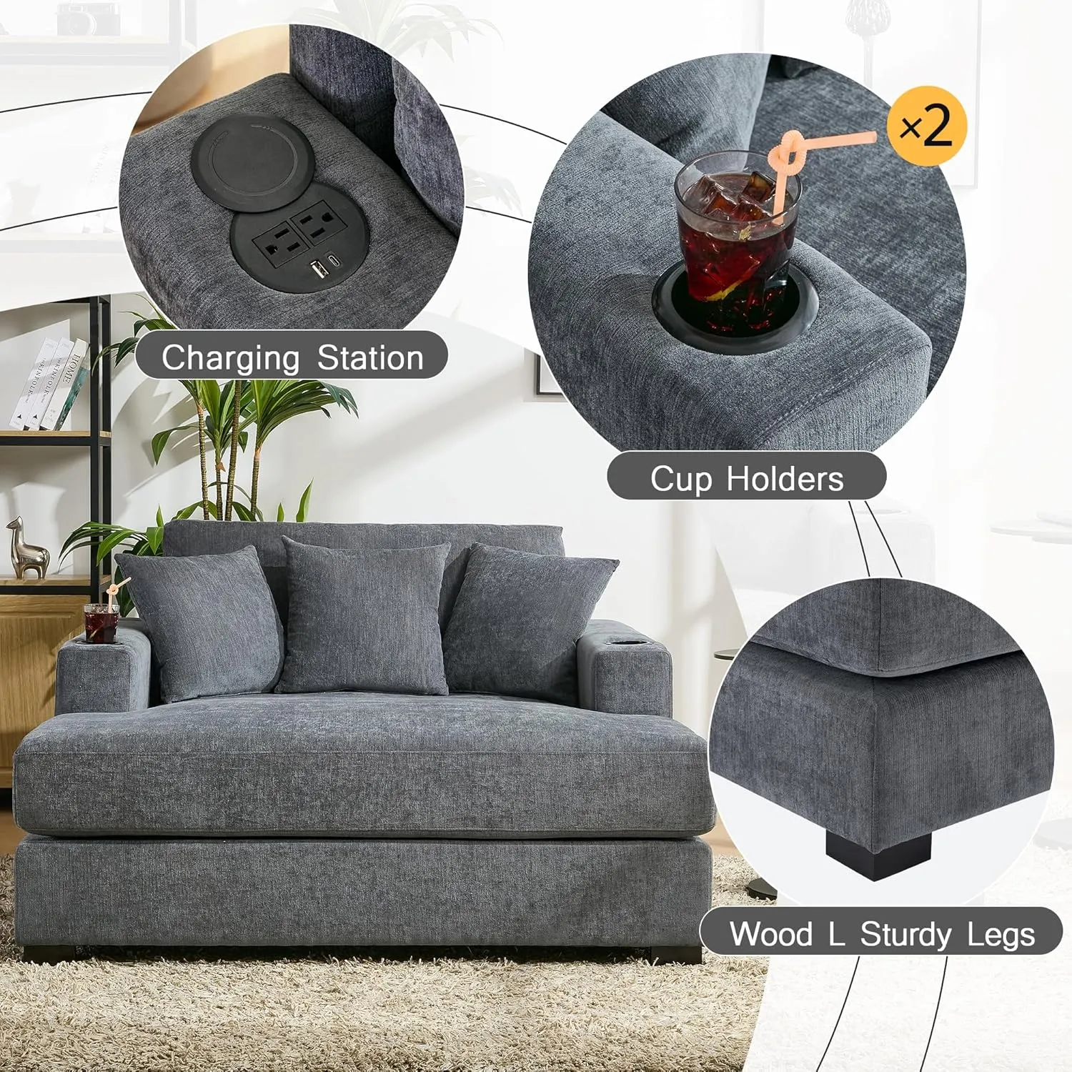 Merax Modern Upholstered Indoor Chaise Lounge with Pillows, Charge Station & Cup Holders, Single Sofa Couch with Armrest and Soild Wood Legs, Blue Gray