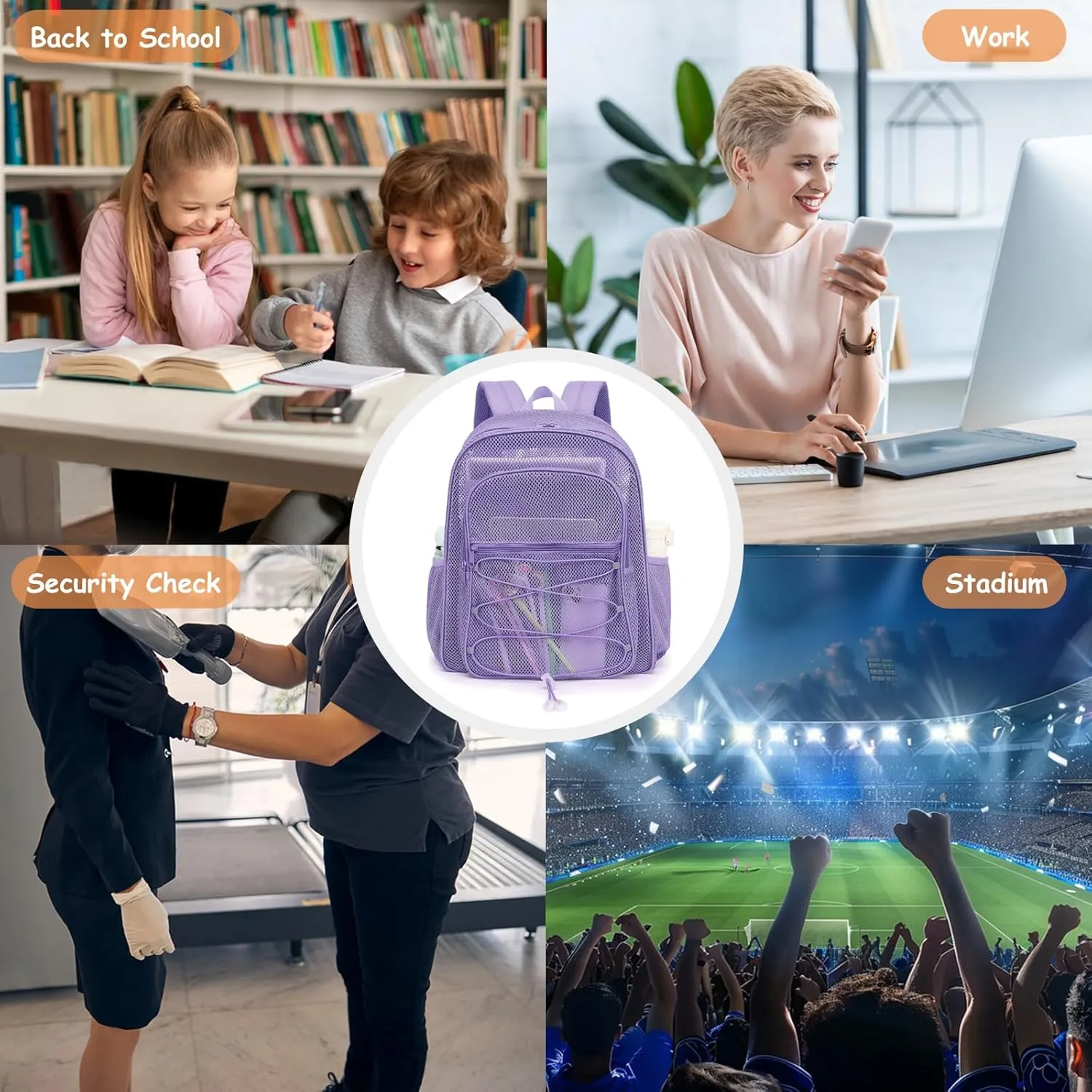 Mesh School Backpack for Girls Boys Women Men, Heavy Duty See Through College Bookbag School Bag (Lavender Purple)