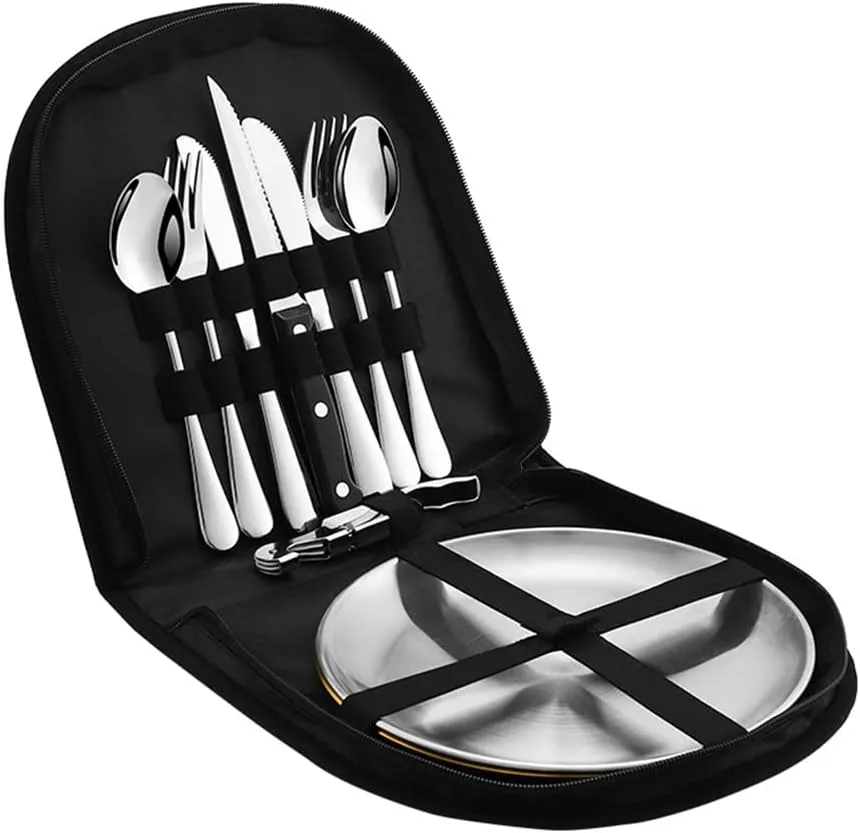 Metal Camping Utensil Set, Camping Silverware Set for 2, Reusable Travel Cutlery with Case Include Knife Fork Spoon Dish and Beer Cap Opener