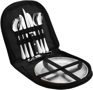 Metal Camping Utensil Set, Camping Silverware Set for 2, Reusable Travel Cutlery with Case Include Knife Fork Spoon Dish and Beer Cap Opener