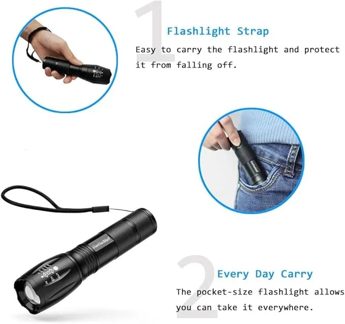 Military Grade High Lumen Flashlight Tactical LED Torch Flash Light Zoomable with 5 Light Modes，2-Pack