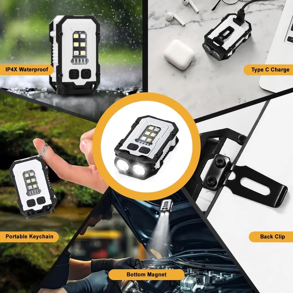 Mini EDC Flashlight, Small Powerful Keychain Flashlight with Sidelight, High Lumens 800lm, USB-C Rechargeable, keychain light with clip - 8 Mode, IPX4 Waterproof, for hiking, running, White 2Pack