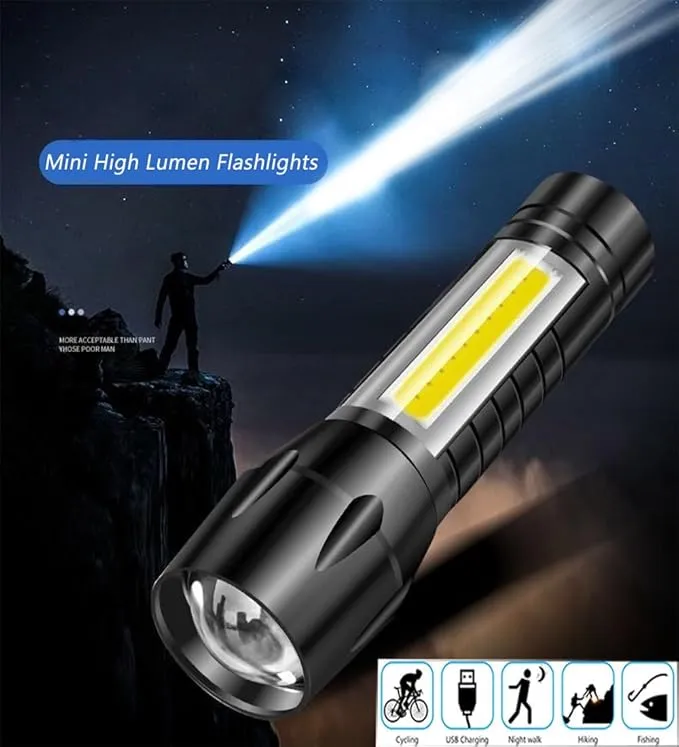 Mini Flashlights Rechargeable LED-Small Flashlights Powerful USB Rechargeable Flashlight Adjustable Focus,Portable Waterproof LED Flashlight with COB Side Lights Tactical Flashlight (2pack)