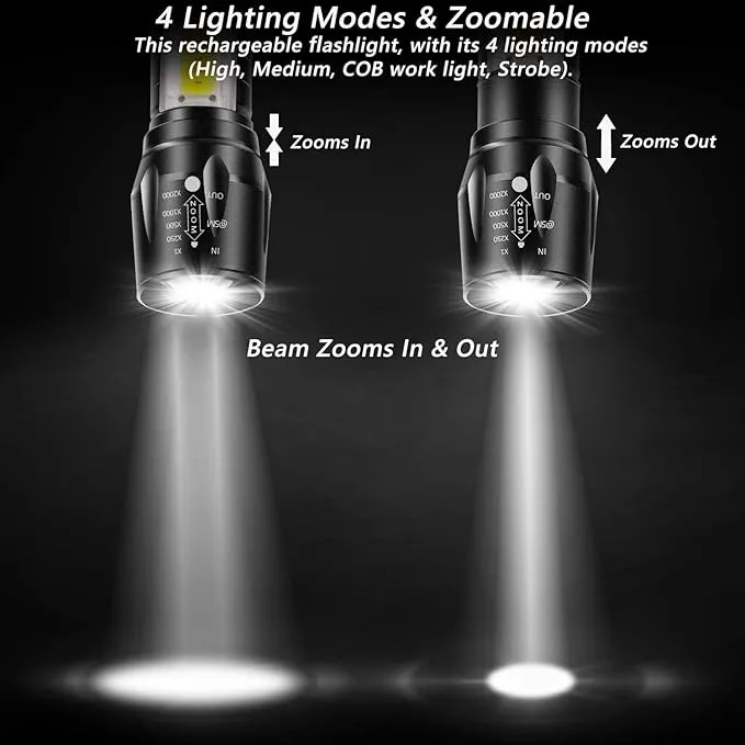 Mini Flashlights Rechargeable LED-Small Flashlights Powerful USB Rechargeable Flashlight Adjustable Focus,Portable Waterproof LED Flashlight with COB Side Lights Tactical Flashlight (2pack)