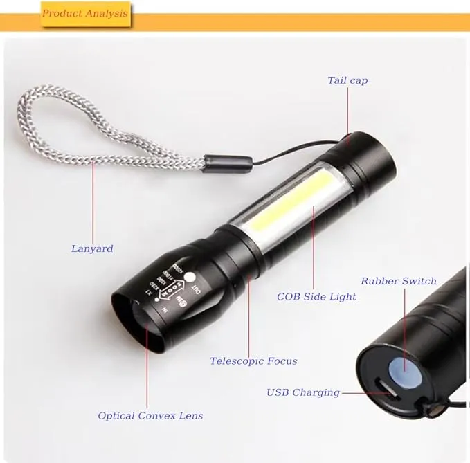Mini Flashlights Rechargeable LED-Small Flashlights Powerful USB Rechargeable Flashlight Adjustable Focus,Portable Waterproof LED Flashlight with COB Side Lights Tactical Flashlight (2pack)