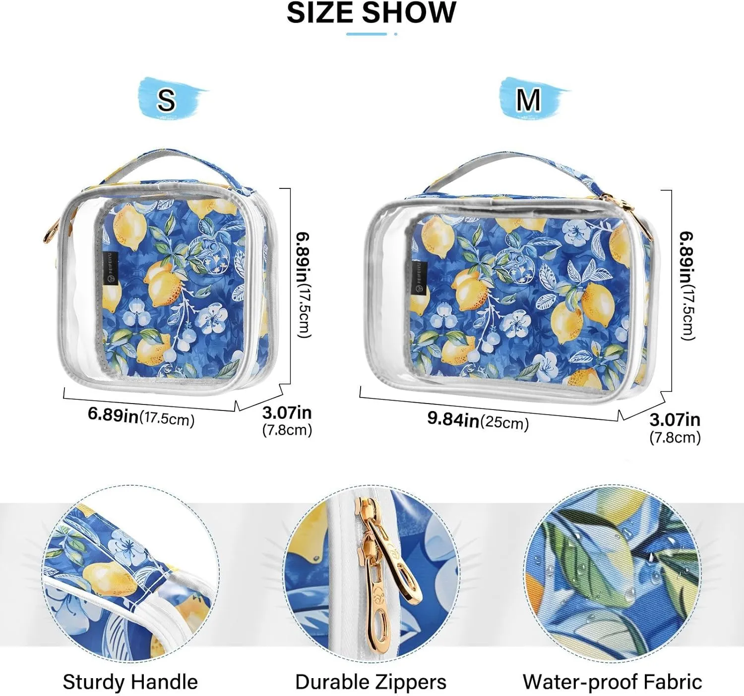 MNSRUU Clear Makeup Bags Watercolor Lemon Toiletry Bag for Women 2 PCS Waterproof Clear Bags Clear Travel Toiletry Bag Small Cosmetic Makeup Bag, Carry on Airport Airline Compliant Bag