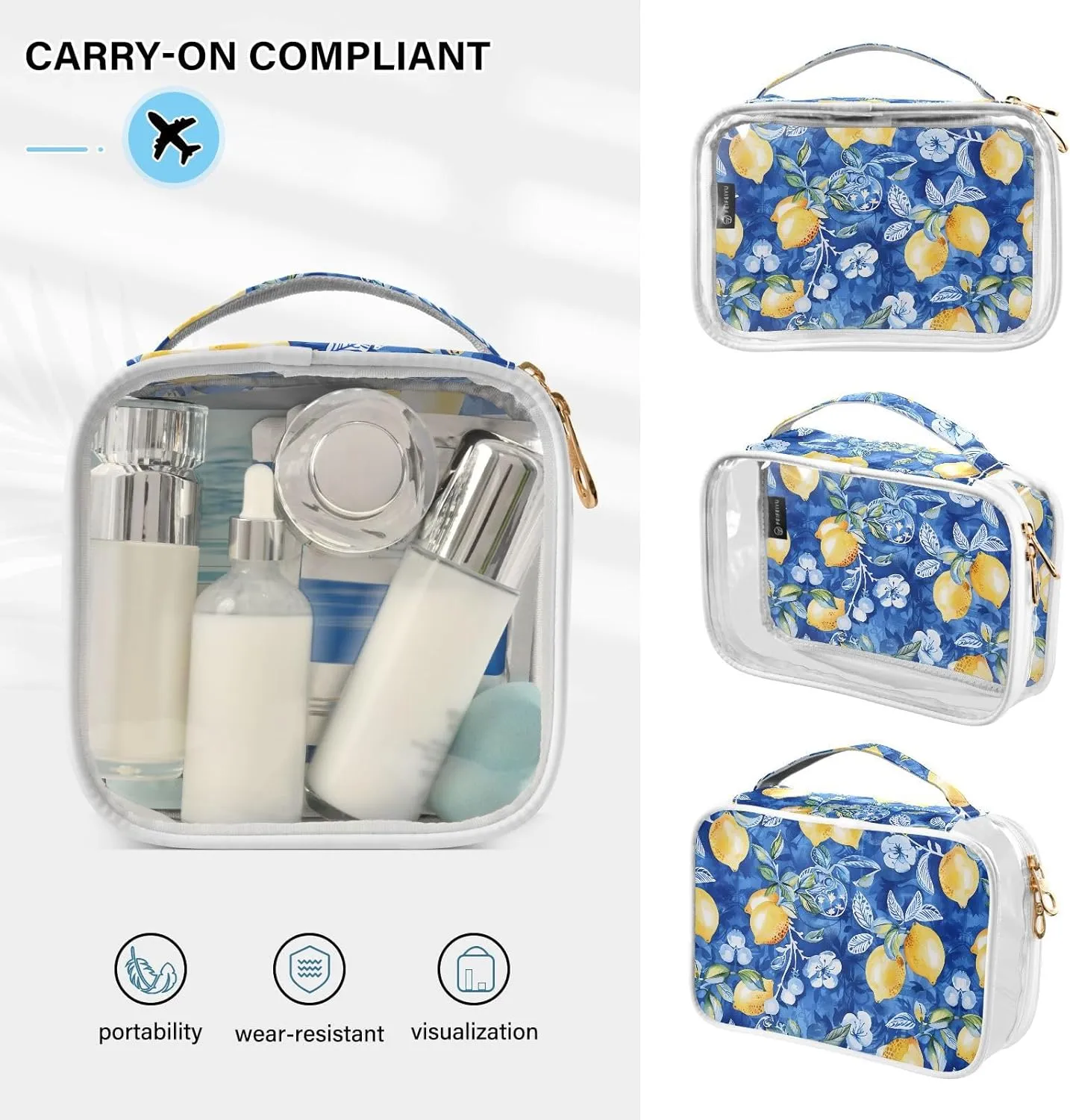 MNSRUU Clear Makeup Bags Watercolor Lemon Toiletry Bag for Women 2 PCS Waterproof Clear Bags Clear Travel Toiletry Bag Small Cosmetic Makeup Bag, Carry on Airport Airline Compliant Bag