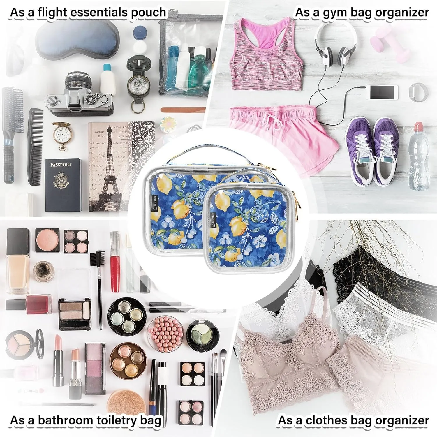 MNSRUU Clear Makeup Bags Watercolor Lemon Toiletry Bag for Women 2 PCS Waterproof Clear Bags Clear Travel Toiletry Bag Small Cosmetic Makeup Bag, Carry on Airport Airline Compliant Bag