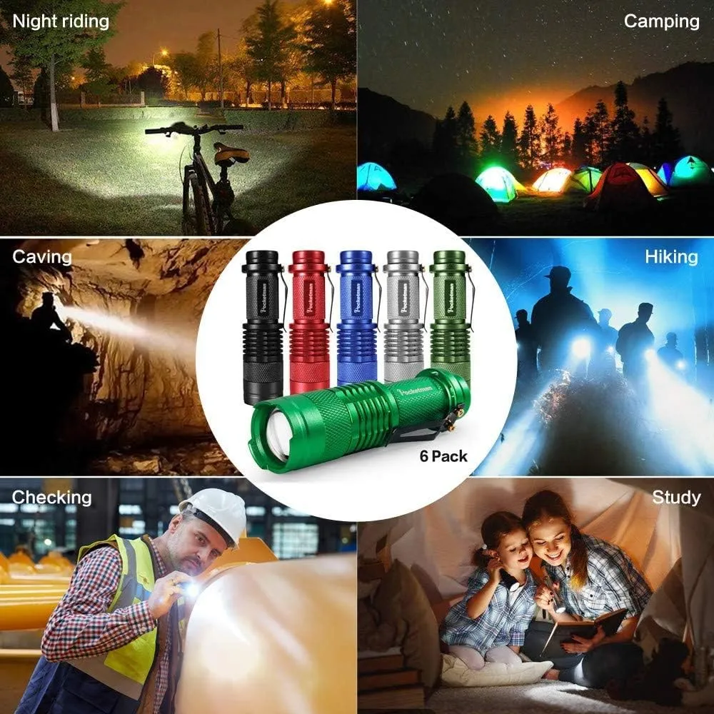 MODOAO 6 Pack LED Mini Flashlights 7W 300LM SK-68 3 Modes Adjustable Focus Zoomable Q5 LED Tactical Flashlight for Camping Hiking Emergency (Six Color Pack)
