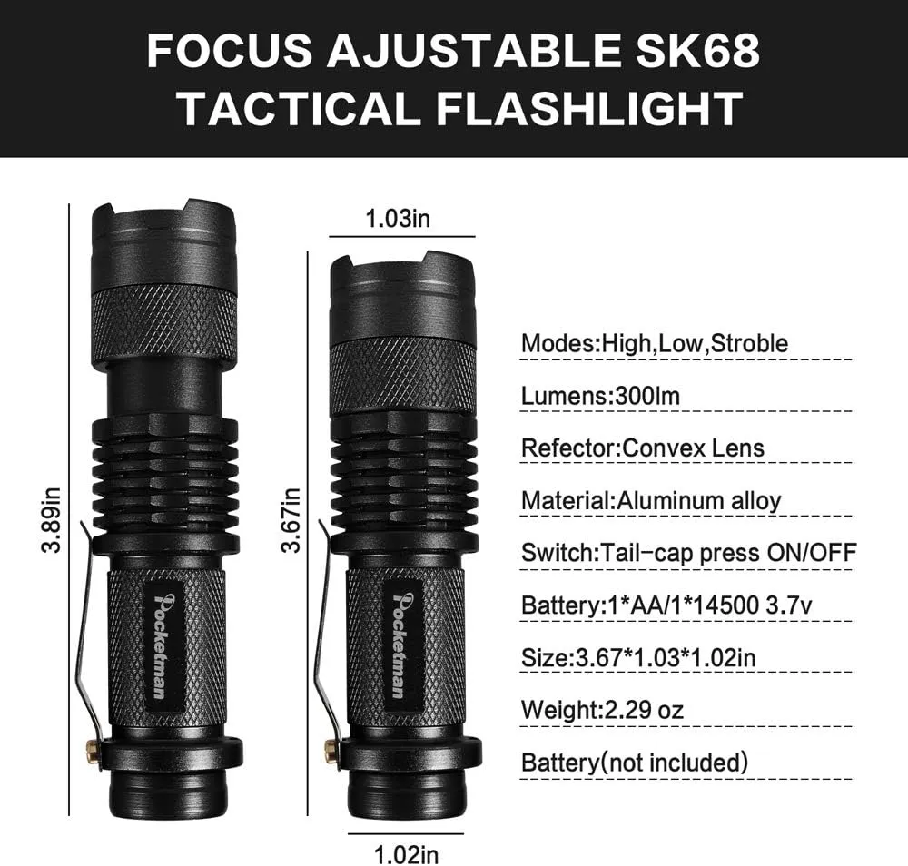 MODOAO 6 Pack LED Mini Flashlights 7W 300LM SK-68 3 Modes Adjustable Focus Zoomable Q5 LED Tactical Flashlight for Camping Hiking Emergency (Six Color Pack)