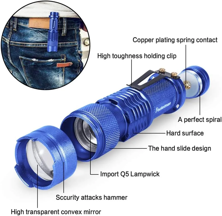 MODOAO 6 Pack LED Mini Flashlights 7W 300LM SK-68 3 Modes Adjustable Focus Zoomable Q5 LED Tactical Flashlight for Camping Hiking Emergency (Six Color Pack)