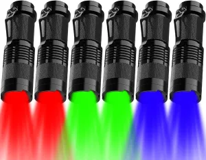 MODOAO 6 Pack Mini Flashlights in Red, Blue, and Green, with 3 Modes and Waterproof High Lumen LED Flashlights, Zoomable Torch with Clips, Suitable for Astronomy,Camping, and Emergency Situations