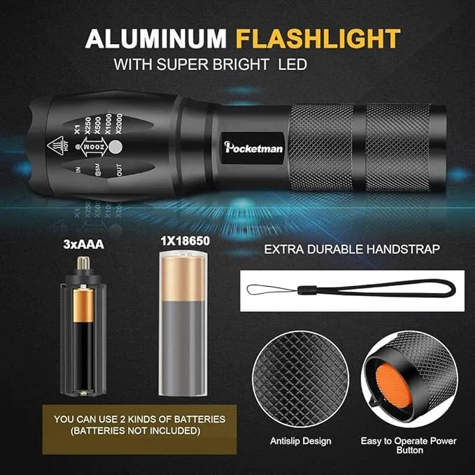 MODOAO Tactical Flashlights High Lumens Zoomable Bright LED Flashlight 5 Modes for Outdoor Camping,Emergency,Hiking with Handheld Flashlights (2 Pack)