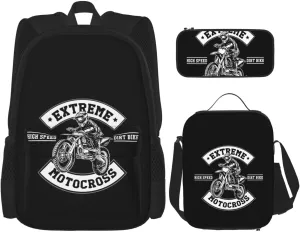 Motocross Dirt Bike High Speed Pride Extreme Motocross Multifunctional Pocket Backpack Crossbody Lunch Bag Pencil Case 3Pcs Set Large Capacity Backpack