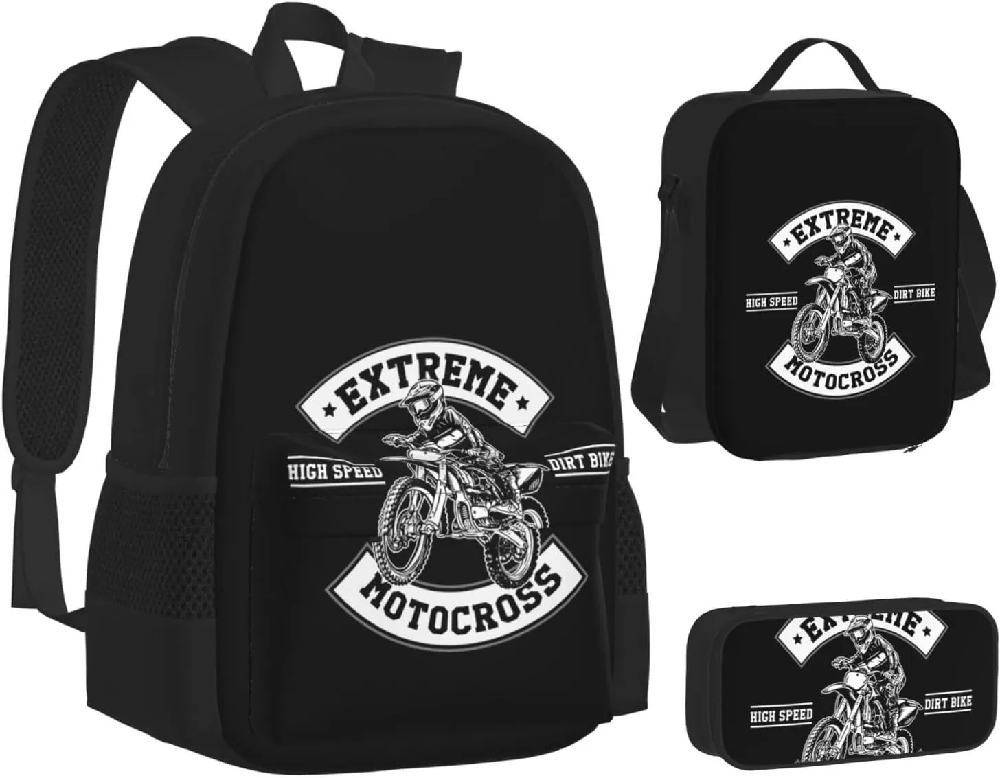 Motocross Dirt Bike High Speed Pride Extreme Motocross Multifunctional Pocket Backpack Crossbody Lunch Bag Pencil Case 3Pcs Set Large Capacity Backpack