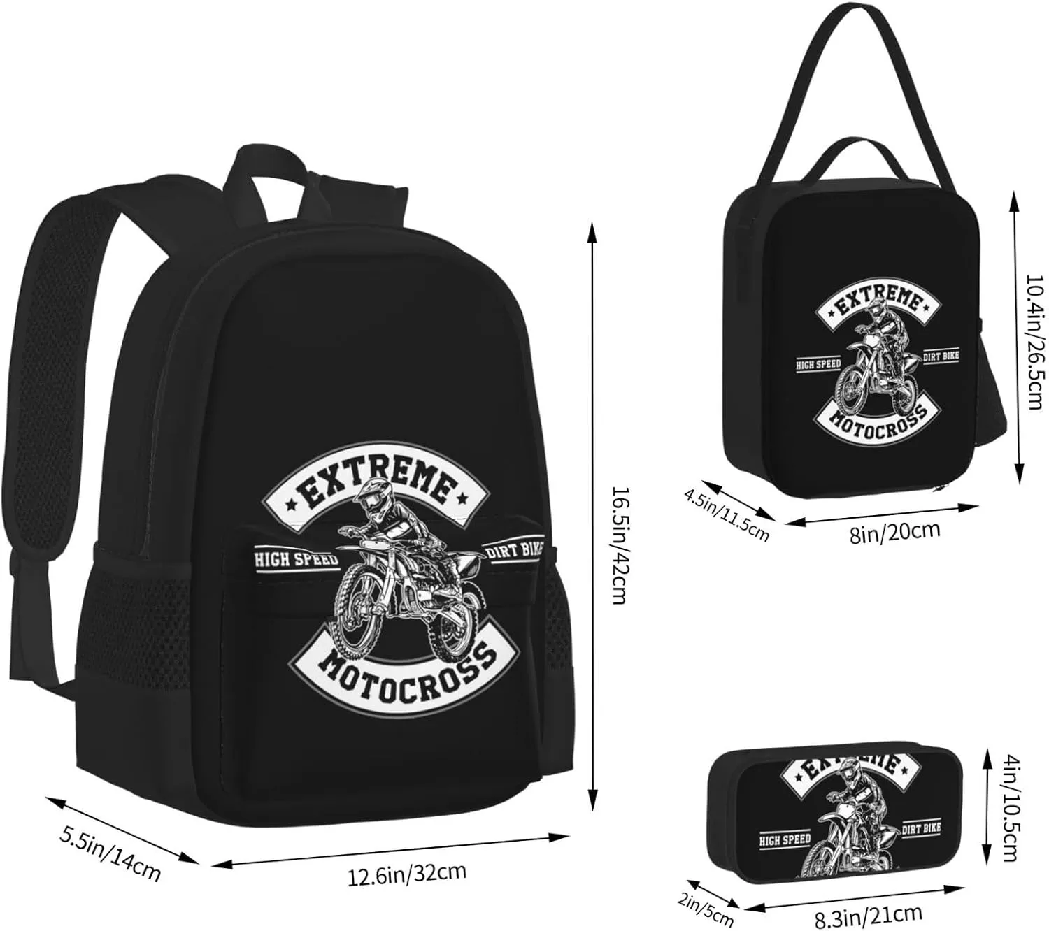 Motocross Dirt Bike High Speed Pride Extreme Motocross Multifunctional Pocket Backpack Crossbody Lunch Bag Pencil Case 3Pcs Set Large Capacity Backpack