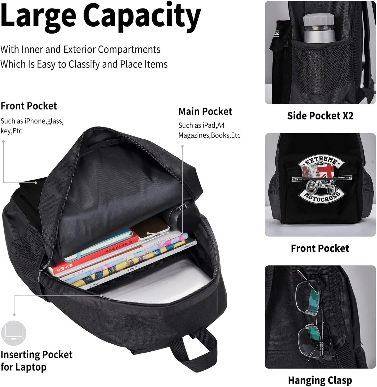 Motocross Dirt Bike High Speed Pride Extreme Motocross Multifunctional Pocket Backpack Crossbody Lunch Bag Pencil Case 3Pcs Set Large Capacity Backpack