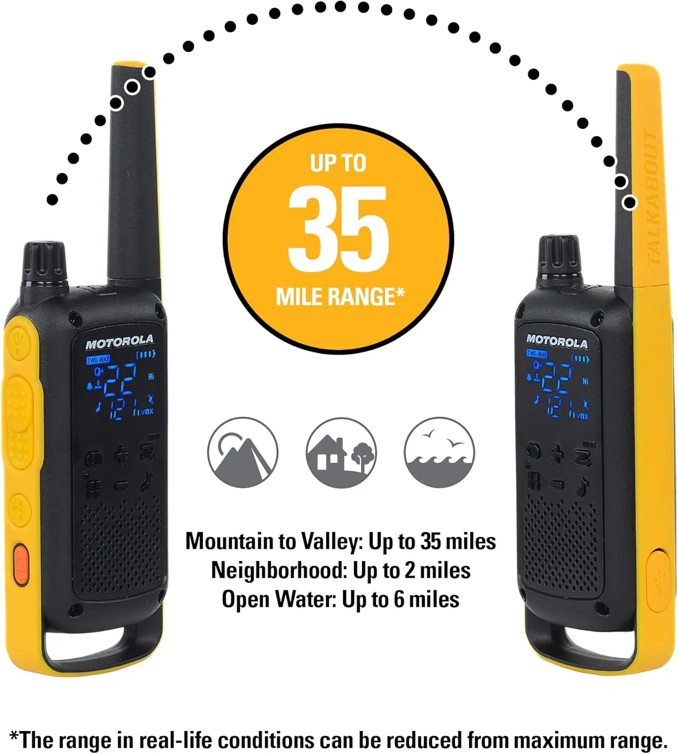 Motorola Solutions, Portable FRS, T475, Talkabout, Two-Way Radios, Emergency Preparedness, Rechargeable, 22 Channel, 35 Mile, Black W/Yellow, 2 Pack