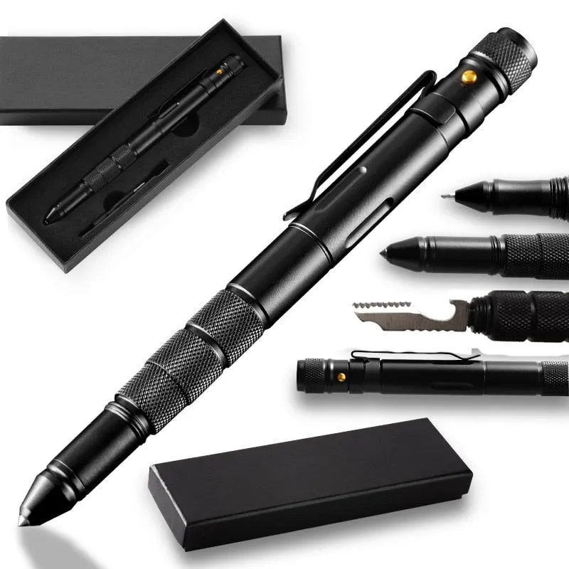 Multi-Function Military Defense Tactical Pen Emergency Flashlight Strobe Bottle Opener Glass Breaker Waterproof Storage Case