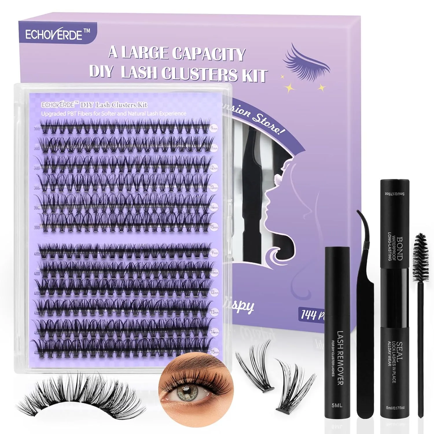 Natural Eyelash Kit 30d 40d DIY Lash Extension Kit Beginners 9-15mm Invisible Band Lash Clusters with Lash Bond and Seal Waterproof Tweezers Comb and Lash Remover (0.07D,D Curl,144pcs, Kit)