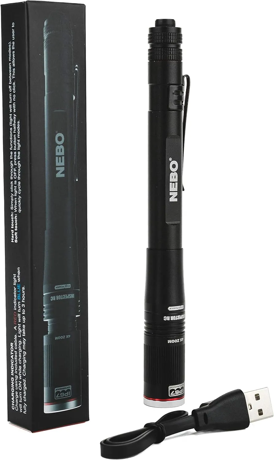 NEBO INSPECTOR RC Pen Light | 360 Lumens, 3 Light Modes, Rechargeable & AAA Battery Powered LED Flashlight, Waterproof, Compact & Durable, Pocket Clip for EDC, Includes USB Charging Cable