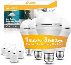 Neporal LITE PRO Rechargeable Light Bulbs, 2600mAh Large Battery Backup Light Bulbs, Perfect As Emergency Lights for Home Power Failure, Hurricane Prepareness Item, E26/E27