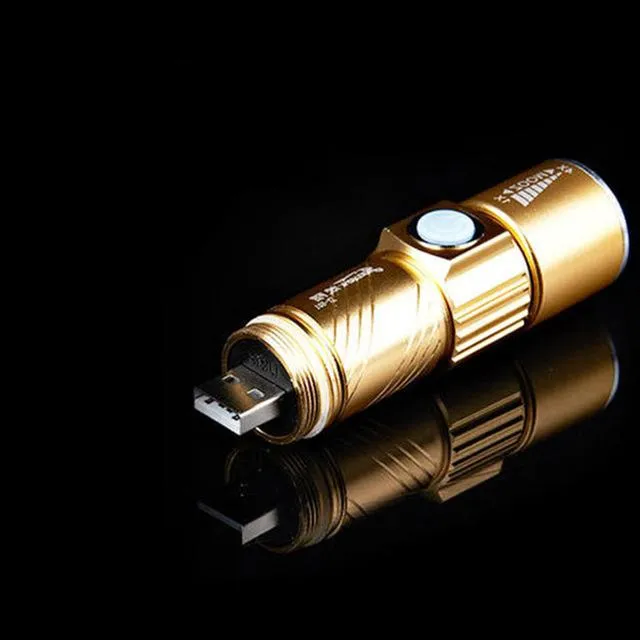 New USB Rechargable Flashlights 18650 Battery LED Flash Light Aluminum Waterproof Zoomable LED Torch Lighting Lamp Gold Black