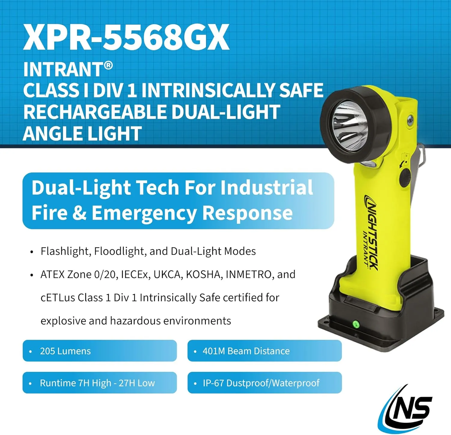 Nightstick Intrant Rechargeable Instrinsically Safe Permissible Dual-Light Angle Light (Green)