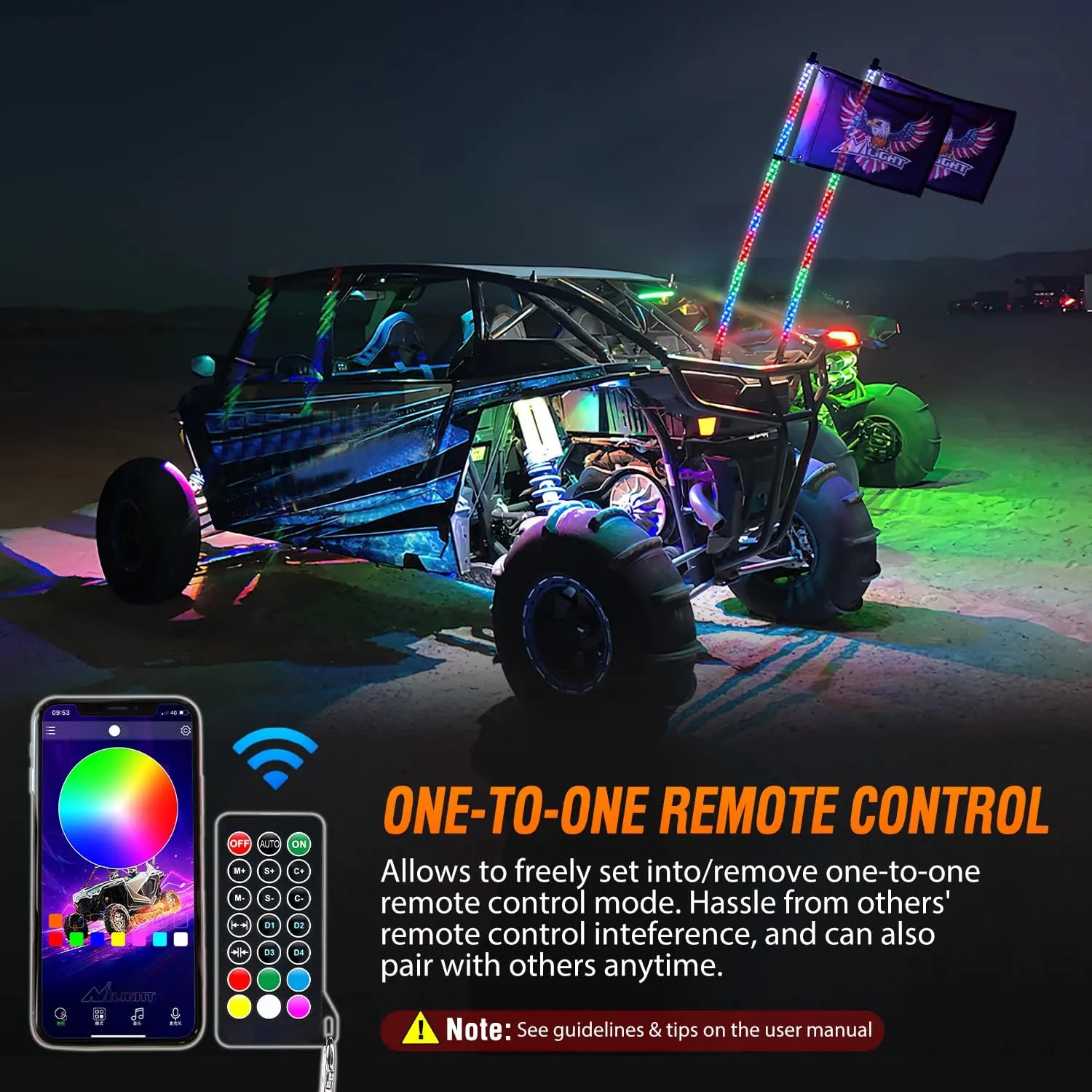 Nilight 2PCS 3FT RGB LED Whip Light, Remote App Control w/DIY Chasing Patterns Stop Turn Reverse Lighting Modes Safety Lighted Antenna for ATV UTV Polaris RZR Can-am Dune Buggy Jeep
