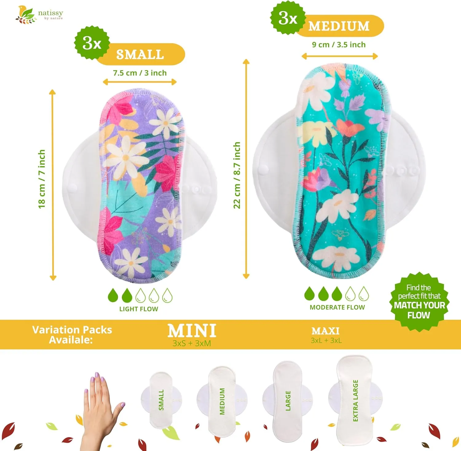 Non-Slip Premium Reusable Period Pads for Light Flow (S M, 6-Pack); High-Temp Washable Organic Cotton Cloth Pad for Women & Teens; Non-Irritating Reusable Pads Menstrual for Comfortable Period Care
