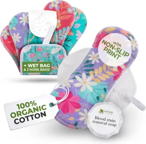 Non-Slip Premium Reusable Period Pads for Light Flow (S M, 6-Pack); High-Temp Washable Organic Cotton Cloth Pad for Women & Teens; Non-Irritating Reusable Pads Menstrual for Comfortable Period Care