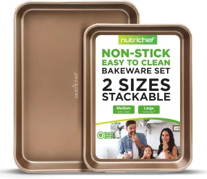 NutriChef 2-Piece Nonstick Stackable Cookie Sheet - Non-Toxic Carbon Steel Baking Pans - Heavy Duty, Wrap Resistance Thick Bakeware Set - Easy Clean and Oven & Dishwasher Safe