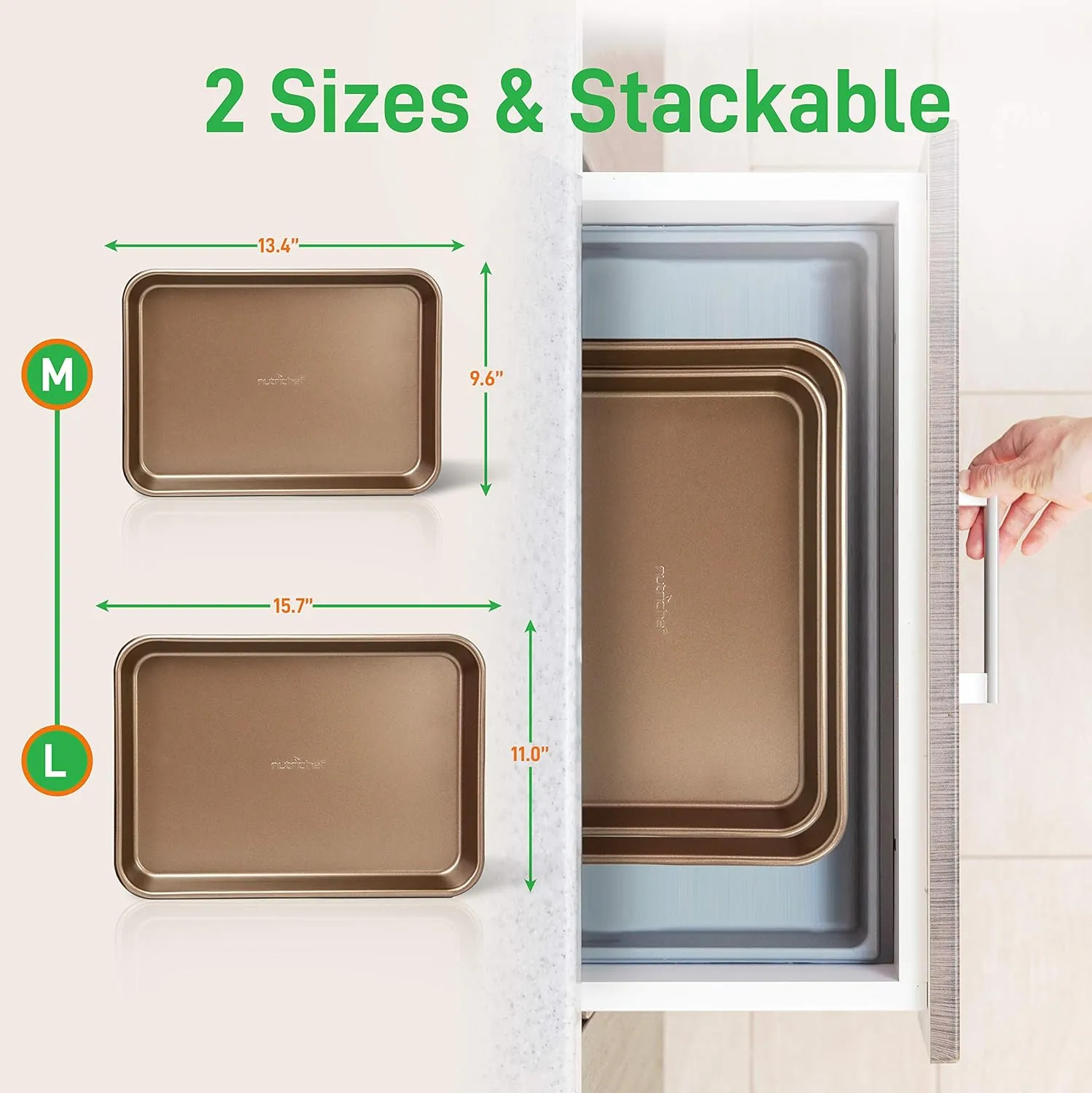 NutriChef 2-Piece Nonstick Stackable Cookie Sheet - Non-Toxic Carbon Steel Baking Pans - Heavy Duty, Wrap Resistance Thick Bakeware Set - Easy Clean and Oven & Dishwasher Safe