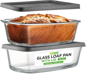 NutriChef 4 Piece Glass Loaf Pan Set with Lids - Stackable 1.9 QT/62oz Glass Bread Baking Dishes - 2 Food Storage Containers   2 Airtight Lids, Oven & Microwave Safe, Dishwasher Safe - Clear