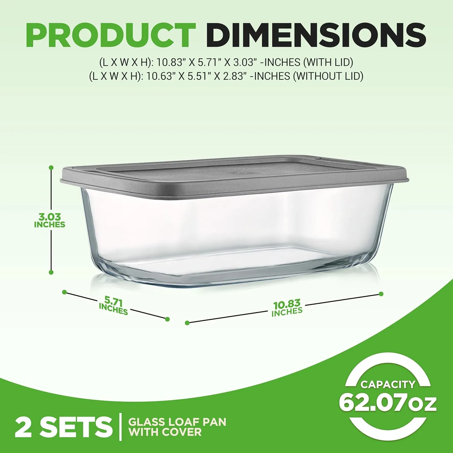 NutriChef 4 Piece Glass Loaf Pan Set with Lids - Stackable 1.9 QT/62oz Glass Bread Baking Dishes - 2 Food Storage Containers   2 Airtight Lids, Oven & Microwave Safe, Dishwasher Safe - Clear
