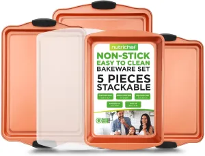 NutriChef 5-Piece Baking Pans Set - Stackable Cookie Sheets & Roasting Pan w/ Lid - Convenient Sizes for Cooking & Baking, Includes Built-in Silicone Handles - Easy to Clean, Copper