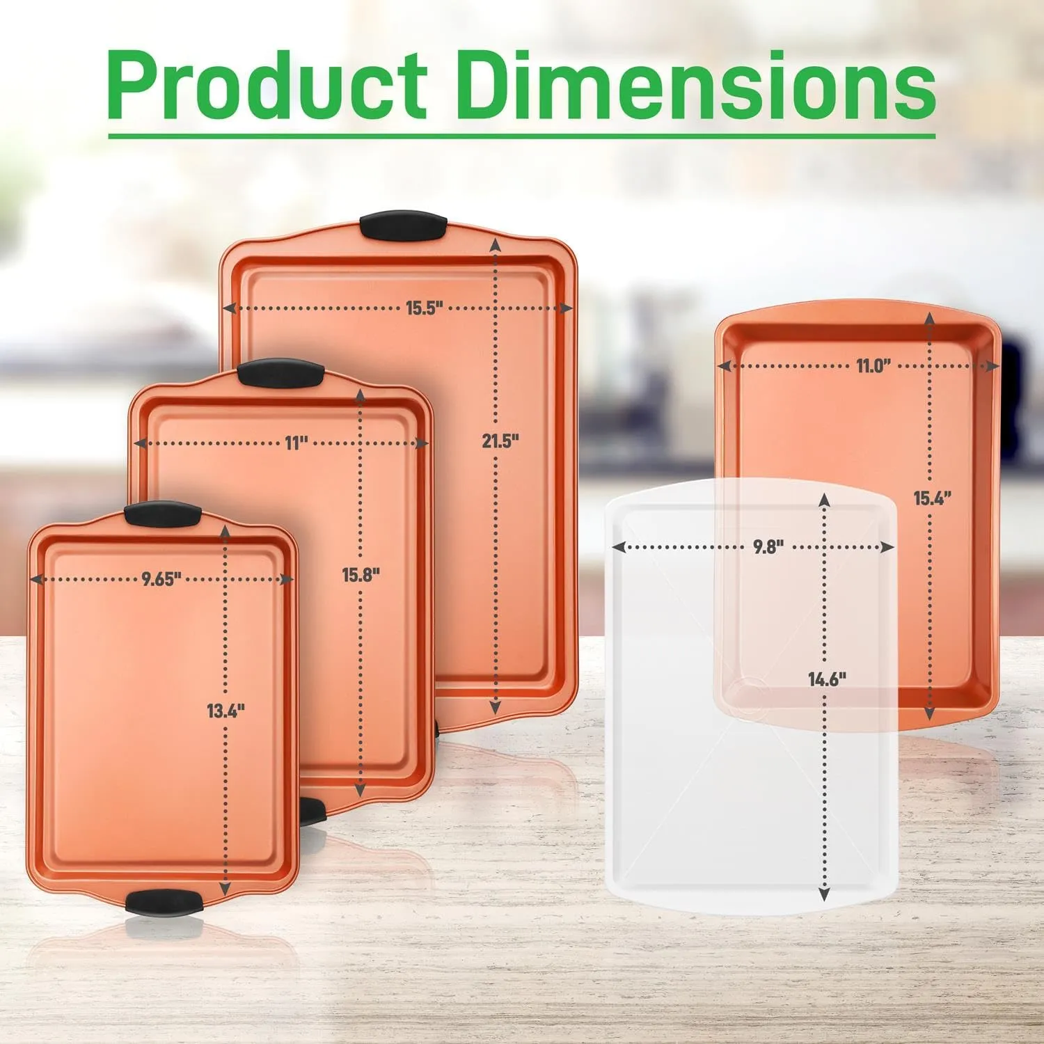 NutriChef 5-Piece Baking Pans Set - Stackable Cookie Sheets & Roasting Pan w/ Lid - Convenient Sizes for Cooking & Baking, Includes Built-in Silicone Handles - Easy to Clean, Copper