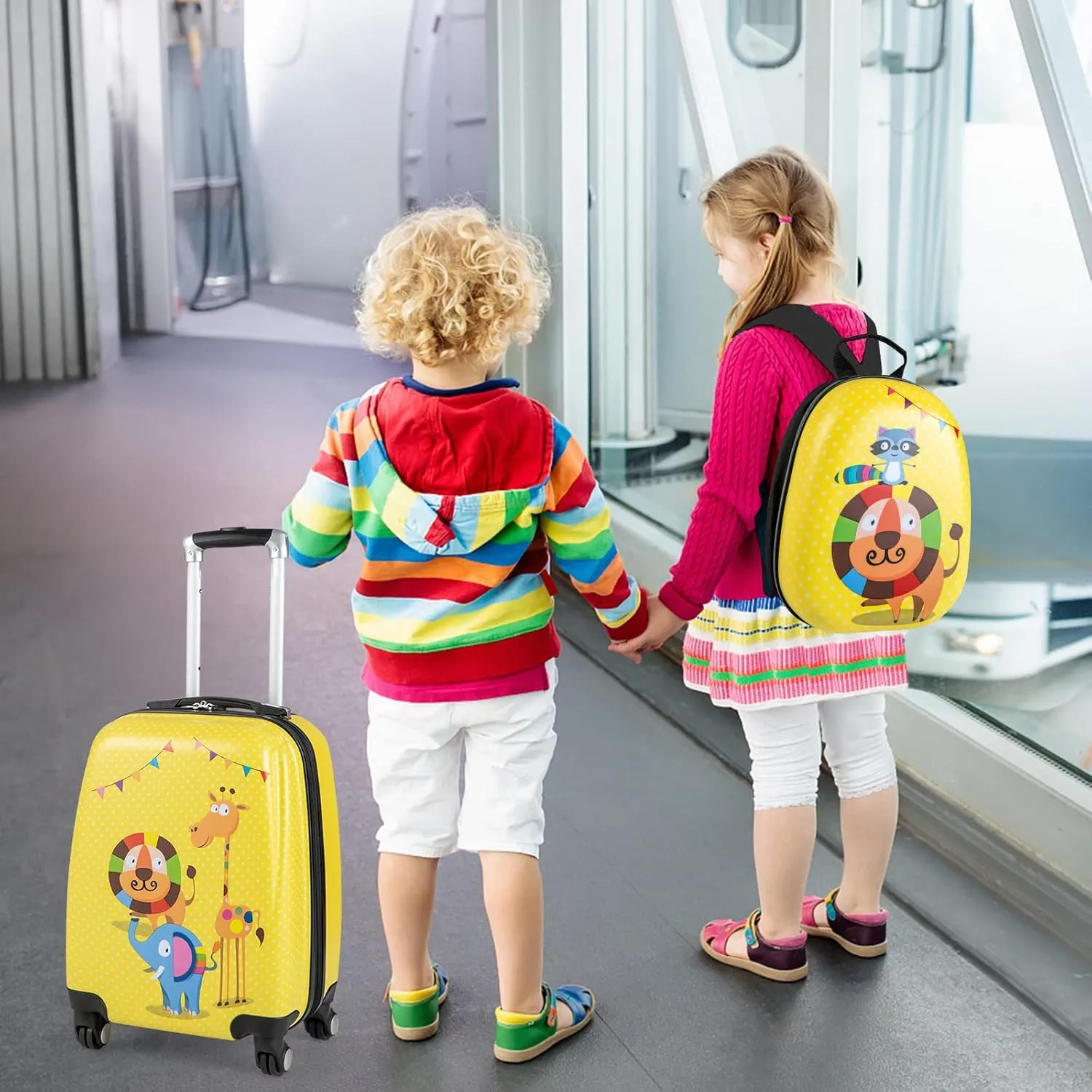 Olakids Kids Luggage Set, 12’’ Travel Backpack and 18’’ Carry on Suitcase with Wheels for Children Boys Girls, 2 Pcs Rolling Spinner Trolley Case Gift for Toddlers (Yellow Lion)
