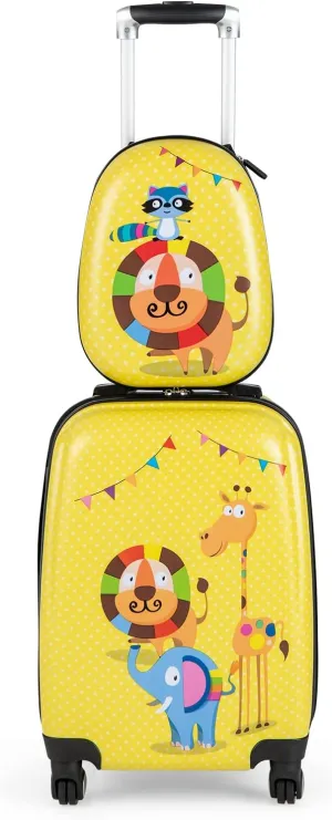 Olakids Kids Luggage Set, 12’’ Travel Backpack and 18’’ Carry on Suitcase with Wheels for Children Boys Girls, 2 Pcs Rolling Spinner Trolley Case Gift for Toddlers (Yellow Lion)
