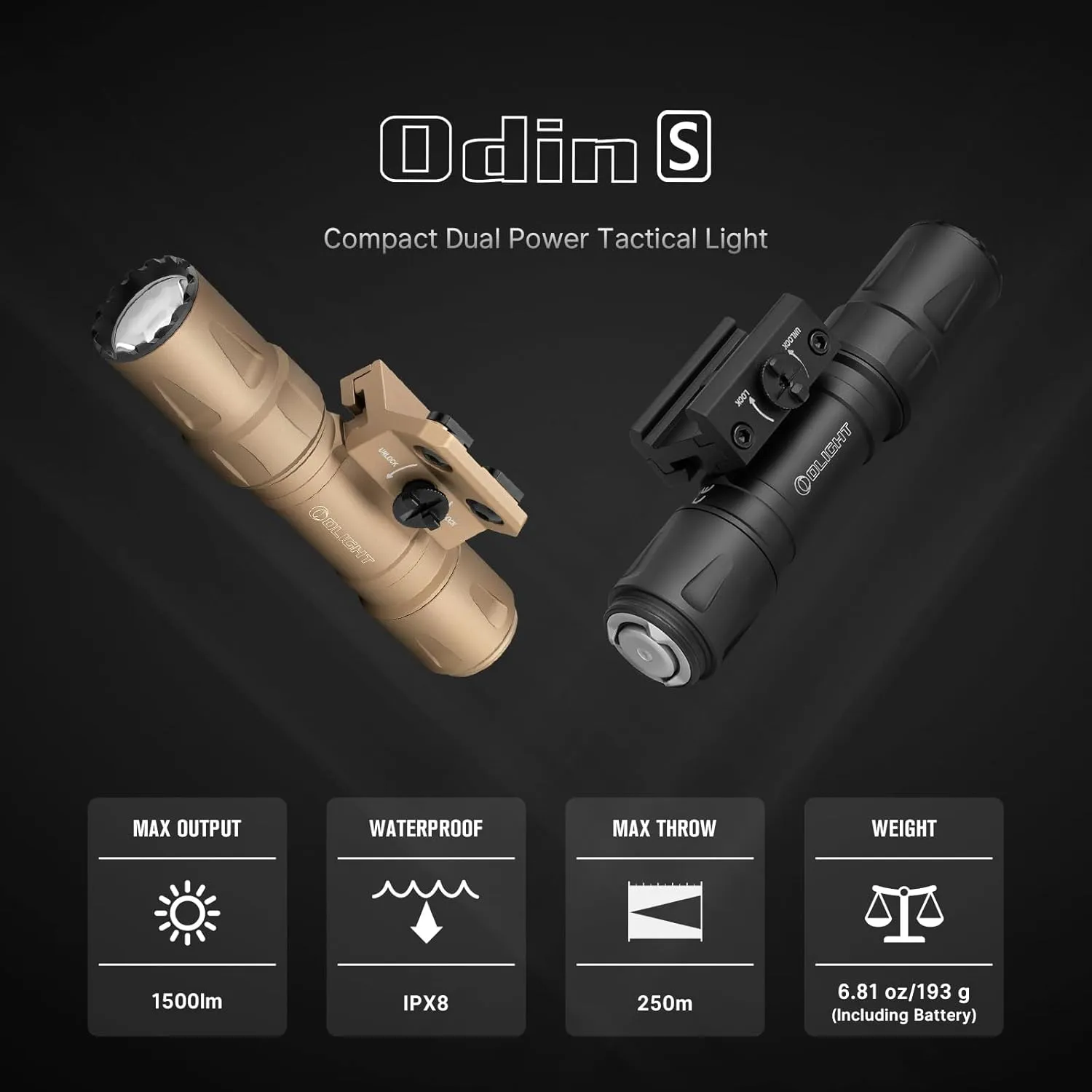 OLIGHT Odin S 1500 Lumens Picatinny Rail Mounted Weaponlight Rechargeable Tactical Flashlight with Upgraded Remote Pressure Switch, 250 Meters Throw Distance, IPX8 Waterproof (Black)
