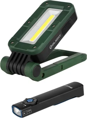 OLIGHT Swivel 400 Lumens Rechargeable COB Work Light with Magnetic Base and Hanging Hook Bundle with Arkfeld 1000 Lumens Dual Light Source EDC Flashlight with Green Beam and White LED Combo