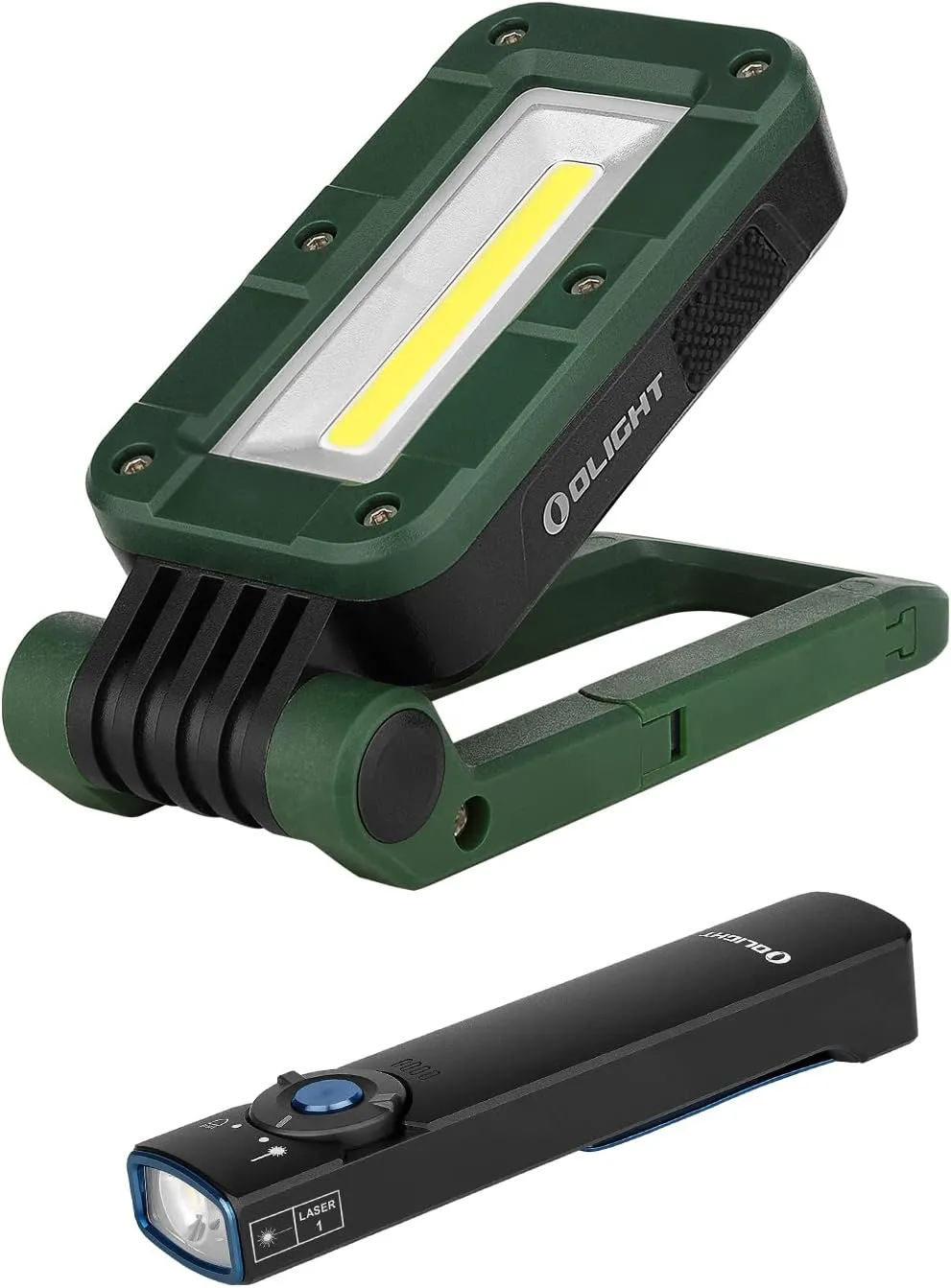 OLIGHT Swivel 400 Lumens Rechargeable COB Work Light with Magnetic Base and Hanging Hook Bundle with Arkfeld 1000 Lumens Dual Light Source EDC Flashlight with Green Beam and White LED Combo