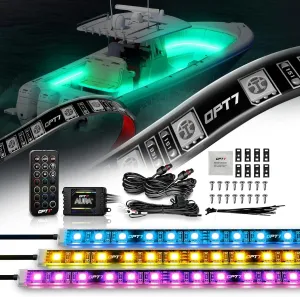OPT7 AURA LED Marine Boat Lights, w/Soundsync RGB Interior Lighting Strip, Multi Colors Mode, Wireless Remote, IP67 Waterproof Deck Light for Pontoon Fishing Bass Sailboat Yacht Kayak, 12V