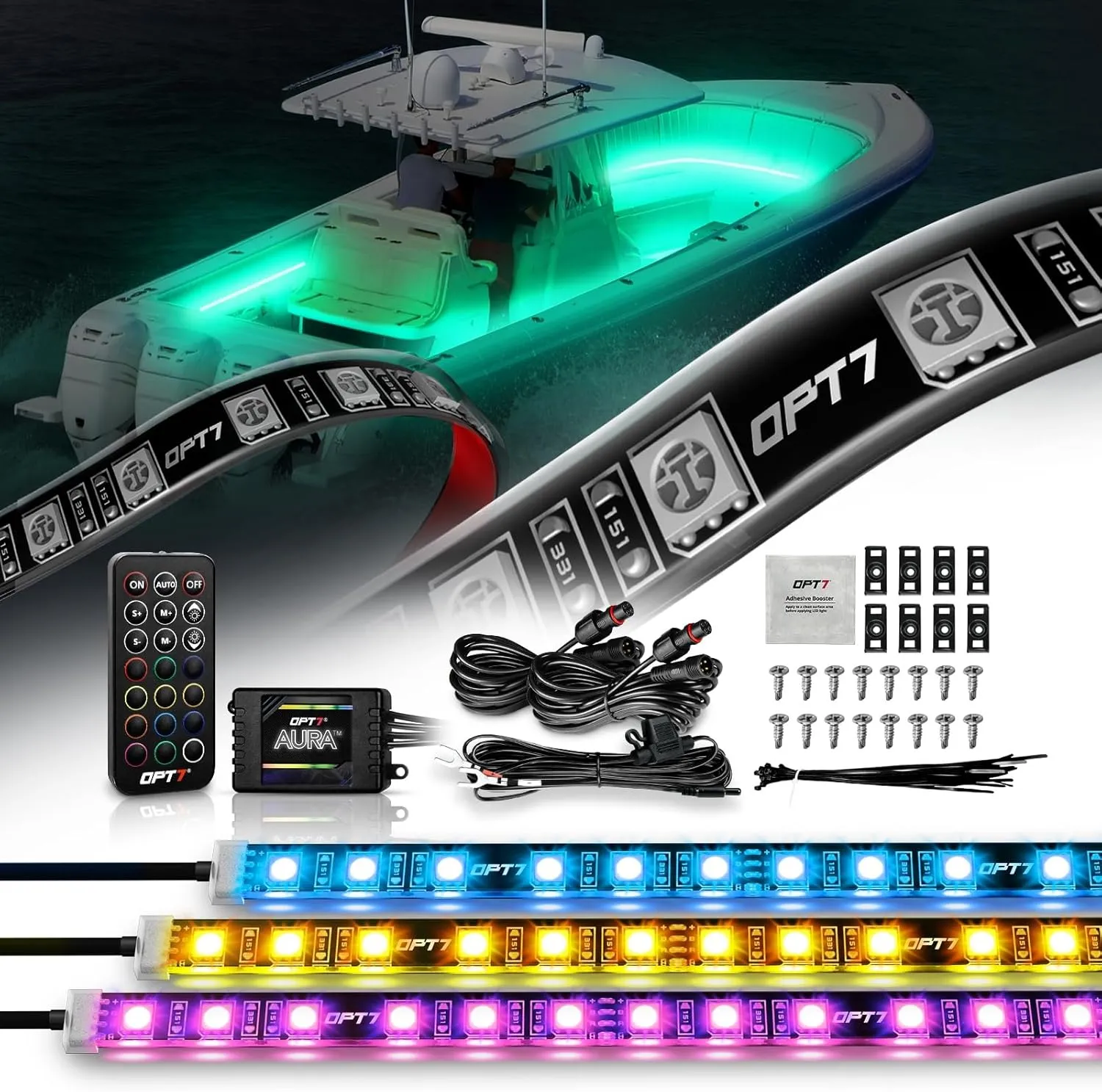 OPT7 AURA LED Marine Boat Lights, w/Soundsync RGB Interior Lighting Strip, Multi Colors Mode, Wireless Remote, IP67 Waterproof Deck Light for Pontoon Fishing Bass Sailboat Yacht Kayak, 12V