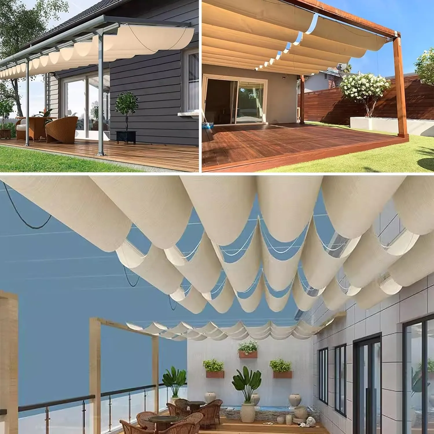 Outdoor Sun Shade Sails for Patio, Retractable Awnings Waterproof Replacement Pergola Canopy for Patio Garden Deck Gazebo Porch Outdoor, with Installation Kit(Khaki,2x4.2m)