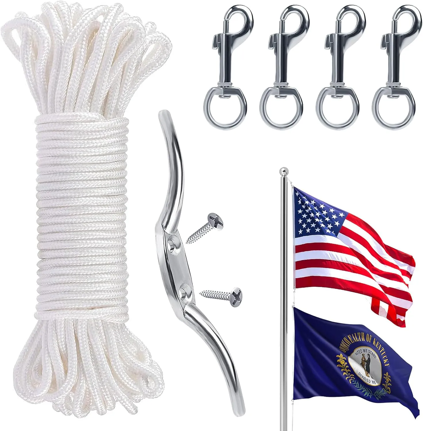 PAMASE Flag Rope and Clips Kit - 100ft Flag Pole Rope Halyard with Cleat Hook & 4 Pcs Swivel Snap Clips for Flagpoles Up to 50ft, Outdoor Porch Flagpoles Repair Replacement Parts Accessories