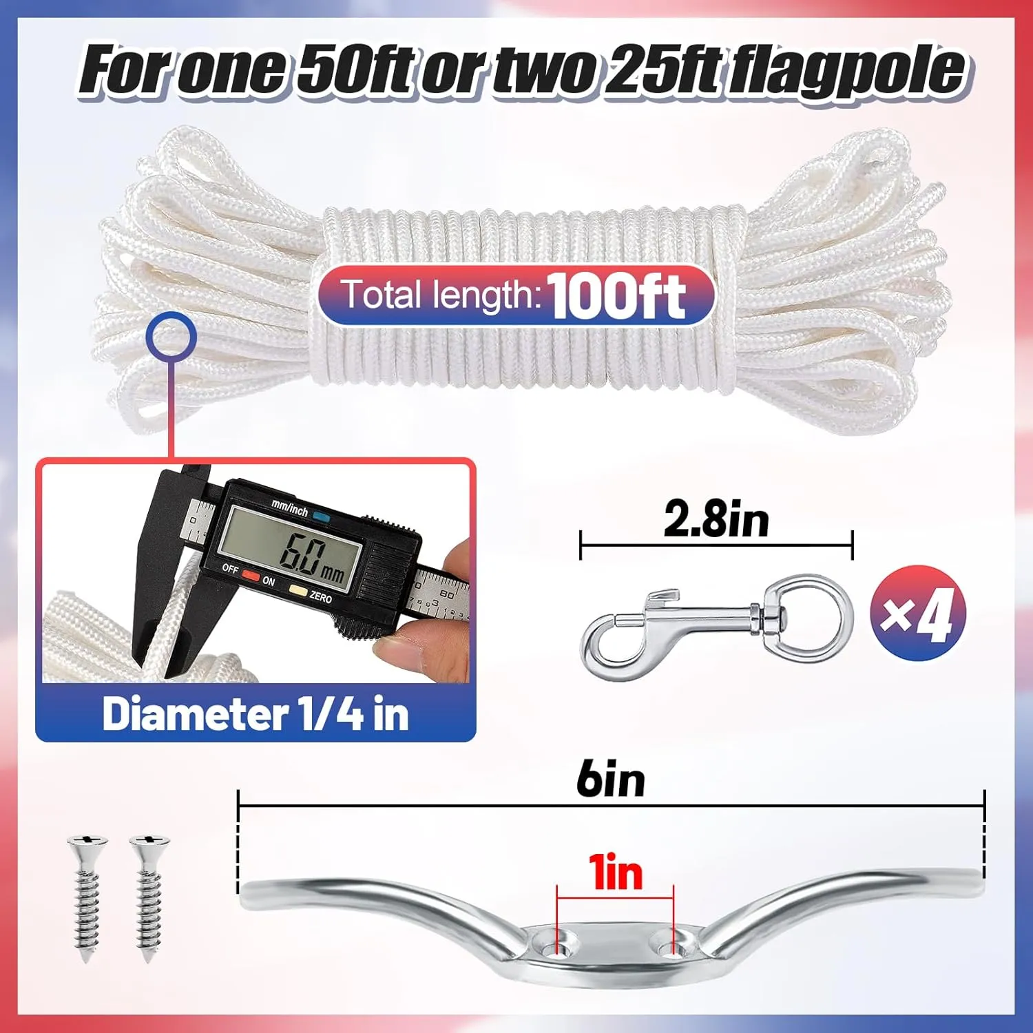 PAMASE Flag Rope and Clips Kit - 100ft Flag Pole Rope Halyard with Cleat Hook & 4 Pcs Swivel Snap Clips for Flagpoles Up to 50ft, Outdoor Porch Flagpoles Repair Replacement Parts Accessories